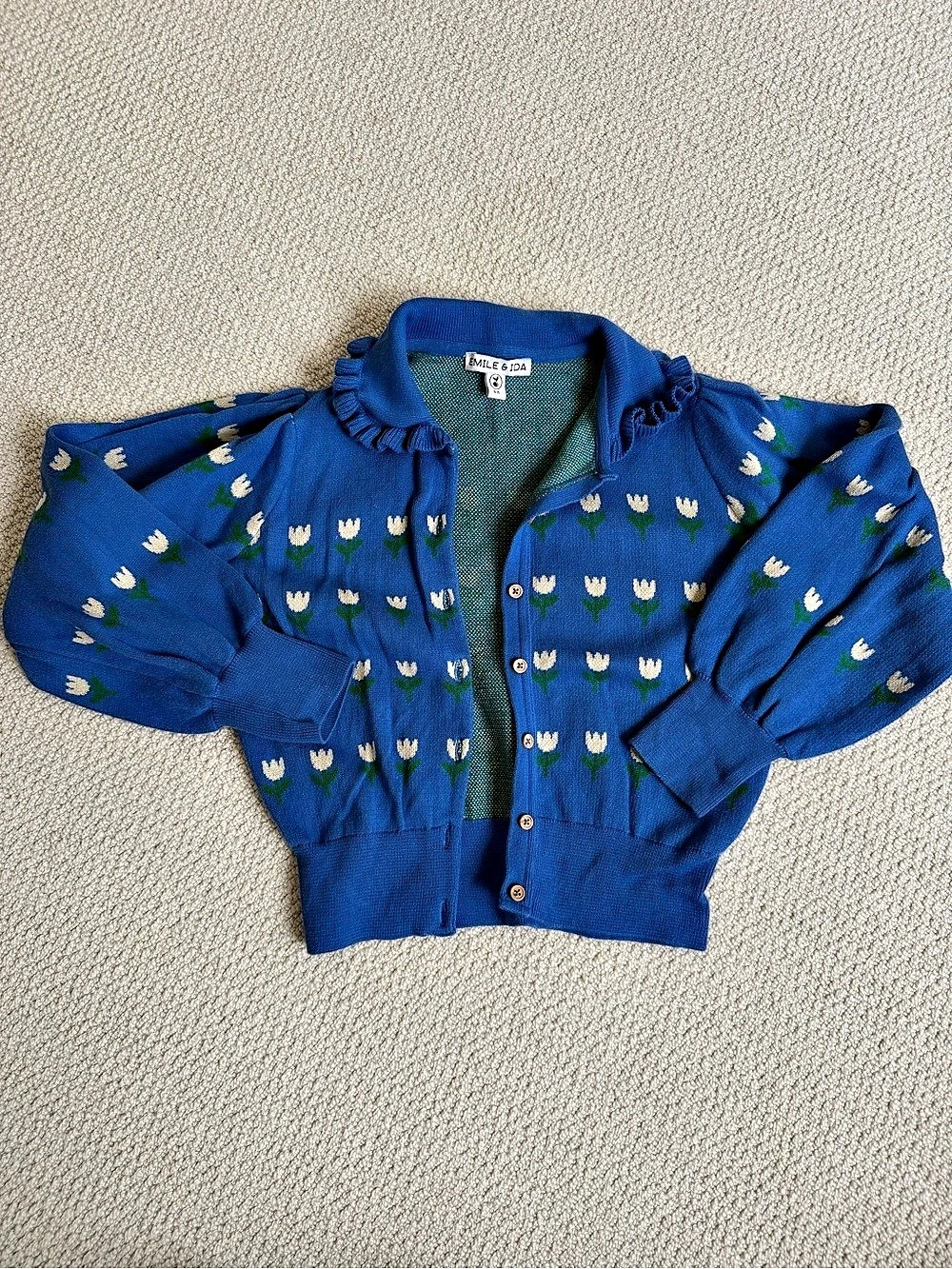 Emile & Ida Floral Knit Cardigan in Blue Size 8A Like New